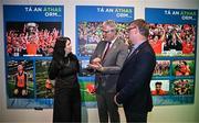 15 July 2025; In attendance at the launch of the GAA Museum’s photographic exhibition, Capturing the Magic of All-Ireland Final Day are, from left, GAA Museum Director Niamh McCoy, Uachtarán Chumann Lúthchleas Gael Jarlath Burns and Camogie Association president Brian Molloy at Croke Park in Dublin. Photo by Sam Barnes/Sportsfile