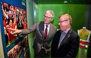 15 July 2025; Uachtarán Chumann Lúthchleas Gael Jarlath Burns, left, and Camogie Association president Brian Molloy in attendance at the launch of the GAA Museum’s photographic exhibition, Capturing the Magic of All-Ireland Final Day, held at the Cusack Stand in Croke Park, Dublin. Photo by Sam Barnes/Sportsfile