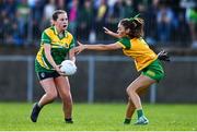 15 July 2025; Lucie Maye of Leitrim in action against Laura Boyle of Donegal during LGFA All-Ireland U16 C Championship final match between Donegal and Leitrim at Tempo Maguires GAC in Tempo, Fermanagh. Photo by Ben McShane/Sportsfile