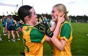 15 July 2025; Clara Kelly, right, and Orla Ward of Donegal celebrate after LGFA All-Ireland U16 C Championship final match between Donegal and Leitrim at Tempo Maguires GAC in Tempo, Fermanagh. Photo by Ben McShane/Sportsfile