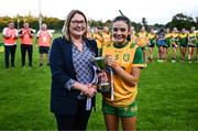 15 July 2025; Donegal captain Laura Boyle receives the cup from LGFA President Trina Murray after LGFA All-Ireland U16 C Championship final match between Donegal and Leitrim at Tempo Maguires GAC, Fermanagh. Photo by Ben McShane/Sportsfile