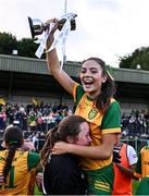 15 July 2025; Donegal captain Laura Boyle and the cup are lifted by Donegal goalkeeper Aine Walsh after LGFA All-Ireland U16 C Championship final match between Donegal and Leitrim at Tempo Maguires GAC in Tempo, Fermanagh. Photo by Ben McShane/Sportsfile