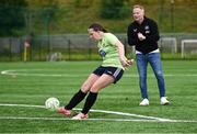 16 July 2025; Sarah Archbold is coached by Republic of Ireland assistant head coach Alan Mahon during the MiWadi FAI Football Camp at Leixlip United in Collinstown, Kildare. Photo by Piaras Ó Mídheach/Sportsfile