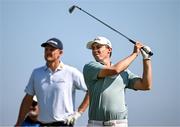 16 July 2025; Matt Fitzpatrick, right, and Justin Rose of England during a practice round at Royal Portrush Golf Club in Portrush, Antrim, ahead of The 153rd Open Championship. Photo by Ramsey Cardy/Sportsfile