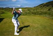 16 July 2025; Matt Fitzpatrick of England plays his tee shot during a practice round at Royal Portrush Golf Club in Portrush, Antrim, ahead of The 153rd Open Championship. Photo by Ramsey Cardy/Sportsfile