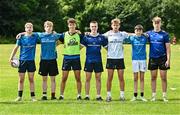 16 July 2025; Participants, from left, Charlie Keegan, Jack Byrne, Harry Garvey, Barry Sexton, Jack Mountjoy, Max Blake and Cian Tunney during the Leinster Rugby School of Excellence at The King's Hospital School in Dublin. Photo by Piaras Ó Mídheach/Sportsfile