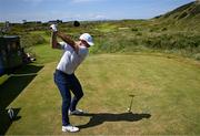 16 July 2025; Rory McIlroy of Northern Ireland plays his tee shot on the seventh hole during a practice round at Royal Portrush Golf Club in Portrush, Antrim, ahead of The 153rd Open Championship. Photo by Ramsey Cardy/Sportsfile