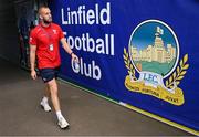 16 July 2025; Shelbourne goalkeeper Conor Kearns walks out of the tunnel before the UEFA Champions League First Qualifying Round second leg match between Linfield and Shelbourne at Clearer Twist National Football Stadium at Windsor Park in Belfast. Photo by Stephen McCarthy/Sportsfile
