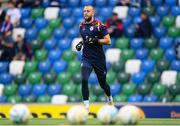 16 July 2025; Shelbourne goalkeeper Conor Kearns warms up before the UEFA Champions League First Qualifying Round second leg match between Linfield and Shelbourne at Clearer Twist National Football Stadium at Windsor Park in Belfast. Photo by Stephen McCarthy/Sportsfile