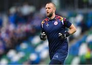 16 July 2025; Shelbourne goalkeeper Conor Kearns warms up before the UEFA Champions League First Qualifying Round second leg match between Linfield and Shelbourne at Clearer Twist National Football Stadium at Windsor Park in Belfast. Photo by Stephen McCarthy/Sportsfile