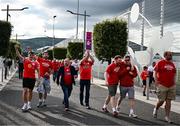16 July 2025; Shelbourne supporters arrive before the UEFA Champions League First Qualifying Round second leg match between Linfield and Shelbourne at Clearer Twist National Football Stadium at Windsor Park in Belfast. Photo by Ben McShane/Sportsfile