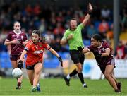 16 July 2025; Lily McBennett of Armagh in action against Siobhán Conneely of Galway during the LGFA All-Ireland U16 B Championship final match between Armagh and Galway at Glennon Brothers Pearse Park in Longford. Photo by Stephen Marken/Sportsfile