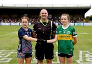 16 July 2025; Referee Eoghan O'Neill with Mayo captain Amy Doherty, left, and Kerry captain Leah Griffin before the LGFA All-Ireland U16 A Championship final match between Kerry and Mayo at MacDonagh Park in Nenagh, Tipperary. Photo by Michael P Ryan/Sportsfile