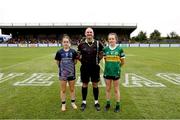 16 July 2025; Referee Eoghan O'Neill with Mayo captain Amy Doherty, left, and Kerry captain Leah Griffin before the LGFA All-Ireland U16 A Championship final match between Kerry and Mayo at MacDonagh Park in Nenagh, Tipperary. Photo by Michael P Ryan/Sportsfile