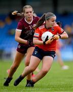 16 July 2025; Abigail McMahon of Armagh in action against Roisin Conroy of Galway during the LGFA All-Ireland U16 B Championship final match between Armagh and Galway at Glennon Brothers Pearse Park in Longford. Photo by Stephen Marken/Sportsfile