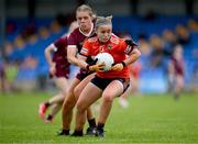 16 July 2025; Abigail McMahon of Armagh in action against Roisin Conroy of Galway during the LGFA All-Ireland U16 B Championship final match between Armagh and Galway at Glennon Brothers Pearse Park in Longford. Photo by Stephen Marken/Sportsfile