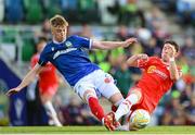 16 July 2025; Matthew Orr of Linfield is tackled by Ali Coote of Shelbourne during the UEFA Champions League First Qualifying Round second leg match between Linfield and Shelbourne at Clearer Twist National Football Stadium at Windsor Park in Belfast. Photo by Stephen McCarthy/Sportsfile