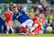 16 July 2025; Matthew Orr of Linfield is tackled by Ali Coote of Shelbourne during the UEFA Champions League First Qualifying Round second leg match between Linfield and Shelbourne at Clearer Twist National Football Stadium at Windsor Park in Belfast. Photo by Stephen McCarthy/Sportsfile