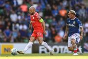 16 July 2025; Mark Coyle of Shelbourne in action against Callumn Morrison of Linfield during the UEFA Champions League First Qualifying Round second leg match between Linfield and Shelbourne at Clearer Twist National Football Stadium at Windsor Park in Belfast. Photo by Ben McShane/Sportsfile
