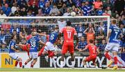 16 July 2025; Ben Hall of Linfield has a header at goal during the UEFA Champions League First Qualifying Round second leg match between Linfield and Shelbourne at Clearer Twist National Football Stadium at Windsor Park in Belfast. Photo by Stephen McCarthy/Sportsfile