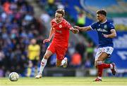 16 July 2025; Harry Wood of Shelbourne in action against Euan East of Linfield during the UEFA Champions League First Qualifying Round second leg match between Linfield and Shelbourne at Clearer Twist National Football Stadium at Windsor Park in Belfast. Photo by Ben McShane/Sportsfile