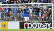 16 July 2025; Matthew Fitzpatrick of Linfield reacts to a missed shot on goal during the UEFA Champions League First Qualifying Round second leg match between Linfield and Shelbourne at Clearer Twist National Football Stadium at Windsor Park in Belfast. Photo by Stephen McCarthy/Sportsfile