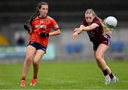 16 July 2025; Charlotte Havern of Armagh in action against Ciara O'Neill of Galway during the LGFA All-Ireland U16 B Championship final match between Armagh and Galway at Glennon Brothers Pearse Park in Longford. Photo by Stephen Marken/Sportsfile