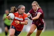 16 July 2025; Abigail McMahon of Armagh in action against Roisin Conroy of Galway during the LGFA All-Ireland U16 B Championship final match between Armagh and Galway at Glennon Brothers Pearse Park in Longford. Photo by Stephen Marken/Sportsfile