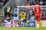 16 July 2025; Matthew Fitzpatrick of Linfield has an opportunity on goal during the UEFA Champions League First Qualifying Round second leg match between Linfield and Shelbourne at Clearer Twist National Football Stadium at Windsor Park in Belfast. Photo by Stephen McCarthy/Sportsfile