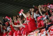 16 July 2025; Shelbourne supporters celebrate their side's first goal during the UEFA Champions League First Qualifying Round second leg match between Linfield and Shelbourne at Clearer Twist National Football Stadium at Windsor Park in Belfast. Photo by Stephen McCarthy/Sportsfile