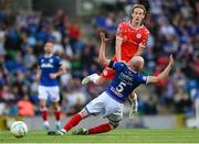 16 July 2025; Harry Wood of Shelbourne in action against Chris Shields of Linfield during the UEFA Champions League First Qualifying Round second leg match between Linfield and Shelbourne at Clearer Twist National Football Stadium at Windsor Park in Belfast. Photo by Stephen McCarthy/Sportsfile