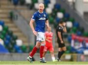 16 July 2025; Chris Shields of Linfield celebrates after scoring his side's first goal during the UEFA Champions League First Qualifying Round second leg match between Linfield and Shelbourne at Clearer Twist National Football Stadium at Windsor Park in Belfast. Photo by Ben McShane/Sportsfile