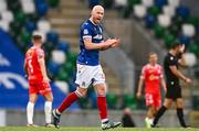 16 July 2025; Chris Shields of Linfield celebrates after scoring his side's first goal during the UEFA Champions League First Qualifying Round second leg match between Linfield and Shelbourne at Clearer Twist National Football Stadium at Windsor Park in Belfast. Photo by Ben McShane/Sportsfile