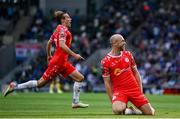 16 July 2025; Kerr McInroy of Shelbourne celebrates after scoring a goal that was subsequently ruled out during the UEFA Champions League First Qualifying Round second leg match between Linfield and Shelbourne at Clearer Twist National Football Stadium at Windsor Park in Belfast. Photo by Stephen McCarthy/Sportsfile