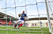 16 July 2025; Chris Shields of Linfield celebrates after scoring his side's first goal, a penalty, during the UEFA Champions League First Qualifying Round second leg match between Linfield and Shelbourne at Clearer Twist National Football Stadium at Windsor Park in Belfast. Photo by Stephen McCarthy/Sportsfile