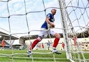 16 July 2025; Chris Shields of Linfield celebrates after scoring his side's first goal, a penalty, during the UEFA Champions League First Qualifying Round second leg match between Linfield and Shelbourne at Clearer Twist National Football Stadium at Windsor Park in Belfast. Photo by Stephen McCarthy/Sportsfile