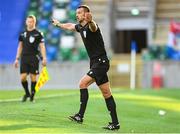 16 July 2025; Referee Andrew Madley rules out a Shelbourne goal after a VAR review during the UEFA Champions League First Qualifying Round second leg match between Linfield and Shelbourne at Clearer Twist National Football Stadium at Windsor Park in Belfast. Photo by Stephen McCarthy/Sportsfile
