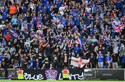 16 July 2025; Linfield supporters celebrate after a Shelbourne goal was ruled out by VAR during the UEFA Champions League First Qualifying Round second leg match between Linfield and Shelbourne at Clearer Twist National Football Stadium at Windsor Park in Belfast. Photo by Stephen McCarthy/Sportsfile