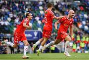16 July 2025; Kerr McInroy of Shelbourne celebrates with teammates including Tyreke Wilson after scoring a goal that was subsequently ruled out by VAR during the UEFA Champions League First Qualifying Round second leg match between Linfield and Shelbourne at Clearer Twist National Football Stadium at Windsor Park in Belfast. Photo by Stephen McCarthy/Sportsfile