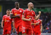 16 July 2025; Kerr McInroy of Shelbourne celebrates with teammates including Mipo Odubeko after scoring a goal that was subsequently ruled out by VAR during the UEFA Champions League First Qualifying Round second leg match between Linfield and Shelbourne at Clearer Twist National Football Stadium at Windsor Park in Belfast. Photo by Stephen McCarthy/Sportsfile