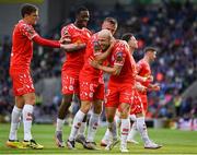 16 July 2025; Kerr McInroy of Shelbourne celebrates with teammates after scoring a goal that was subsequently ruled out by VAR during the UEFA Champions League First Qualifying Round second leg match between Linfield and Shelbourne at Clearer Twist National Football Stadium at Windsor Park in Belfast. Photo by Stephen McCarthy/Sportsfile
