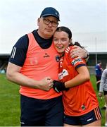 16 July 2025; Armagh manager Declan McBennett with his daughter Lily McBennett of Armagh after the LGFA All-Ireland U16 B Championship final match between Armagh and Galway at Glennon Brothers Pearse Park in Longford. Photo by Stephen Marken/Sportsfile