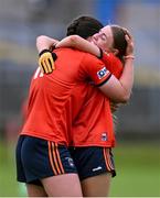 16 July 2025; Cassie Henderson, left, and Lily McBennett of Armagh celebrate after their side's victory in the LGFA All-Ireland U16 B Championship final match between Armagh and Galway at Glennon Brothers Pearse Park in Longford. Photo by Stephen Marken/Sportsfile