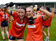 16 July 2025; Lily McBennett, left, and Aoige Hagan of Armagh after their side's victory in the LGFA All-Ireland U16 B Championship final match between Armagh and Galway at Glennon Brothers Pearse Park in Longford. Photo by Stephen Marken/Sportsfile