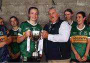 16 July 2025; Kerry captain Leah Griffin is presented with the cup by LGFA Vice President Robbie Smyth after the LGFA All-Ireland U16 A Championship final match between Kerry and Mayo at MacDonagh Park in Nenagh, Tipperary. Photo by Michael P Ryan/Sportsfile