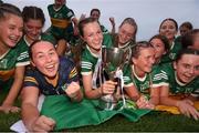 16 July 2025; Kerry captain Leah Griffin celebrates with teammates after the LGFA All-Ireland U16 A Championship final match between Kerry and Mayo at MacDonagh Park in Nenagh, Tipperary. Photo by Michael P Ryan/Sportsfile