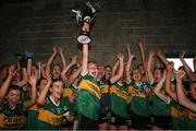 16 July 2025; Kerry captain Leah Griffin lifts the trophy after during the LGFA All-Ireland U16 A Championship final match between Kerry and Mayo at MacDonagh Park in Nenagh, Tipperary. Photo by Michael P Ryan/Sportsfile