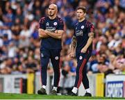 16 July 2025; Shelbourne head coach Joey O'Brien and technical director Luke Byrne during the UEFA Champions League First Qualifying Round second leg match between Linfield and Shelbourne at Clearer Twist National Football Stadium at Windsor Park in Belfast. Photo by Ben McShane/Sportsfile