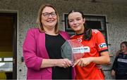 16 July 2025; Lily McBennett of Armagh is presented with the Player of the Match award by LGFA President Trina Murray after the LGFA All-Ireland U16 B Championship final match between Armagh and Galway at Glennon Brothers Pearse Park in Longford. Photo by Stephen Marken/Sportsfile