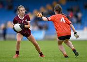 16 July 2025; Ella D'arcy Devine of Galway in action against Olivia Reynolds of Armagh during the LGFA All-Ireland U16 B Championship final match between Armagh and Galway at Glennon Brothers Pearse Park in Longford. Photo by Stephen Marken/Sportsfile